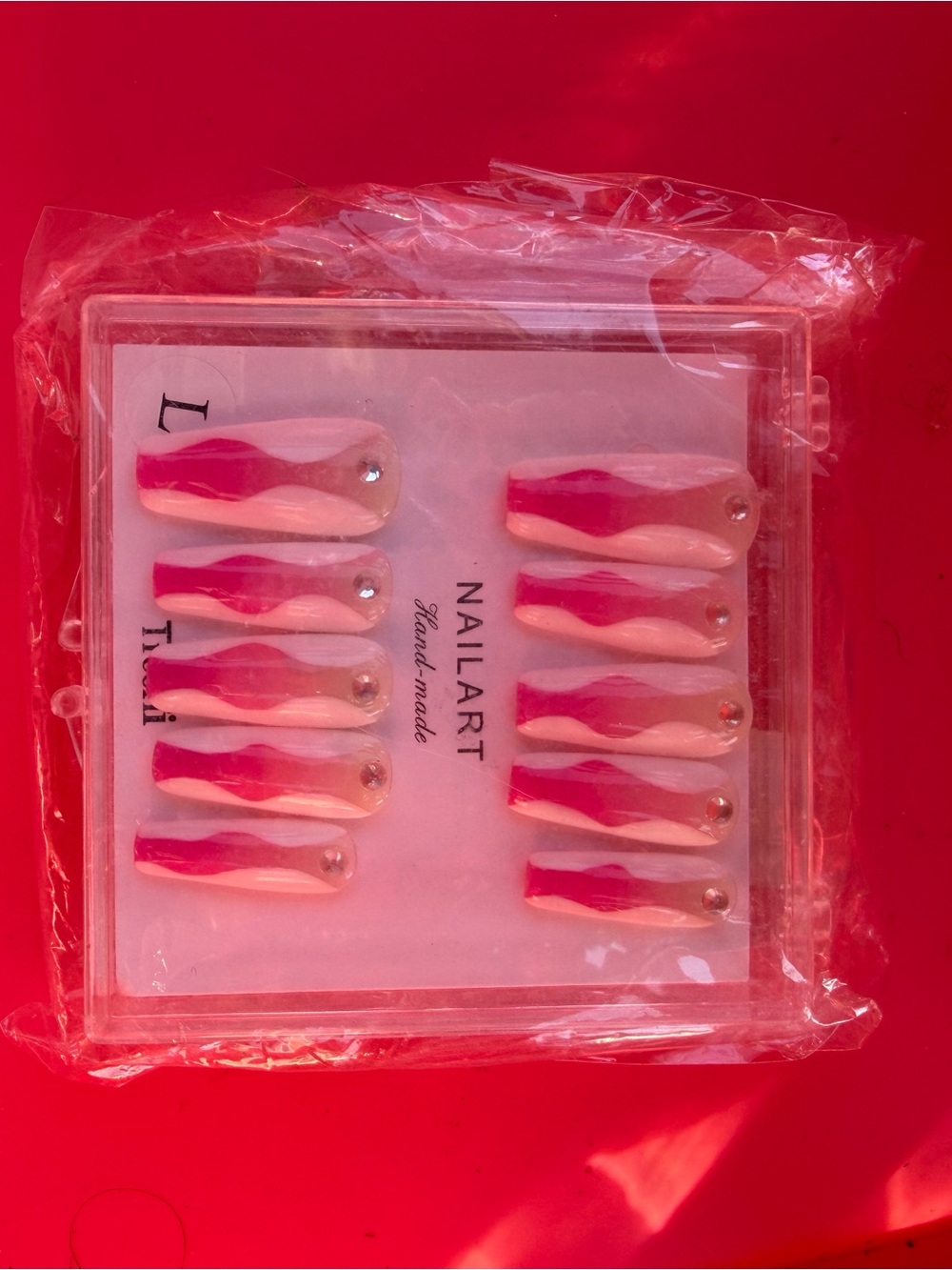 Handmade Pink Ombre Press-On Nails with Rhinestone Accent